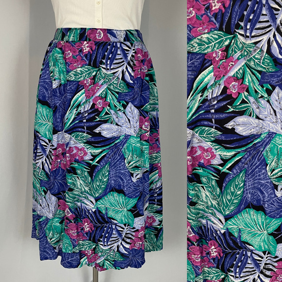 Vintage Midi Skirt Womens Plus Size 22 22W Blue Tropical Floral Palm Boho Beach - Picture 1 of 13